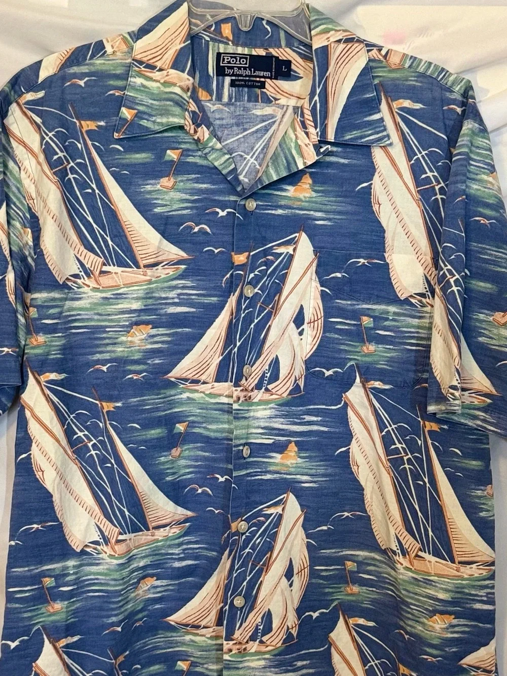 Polo Ralph Lauren Vintage Camp Shirt Men’s Lg Blue Nautical Short Sleeve (HH26)